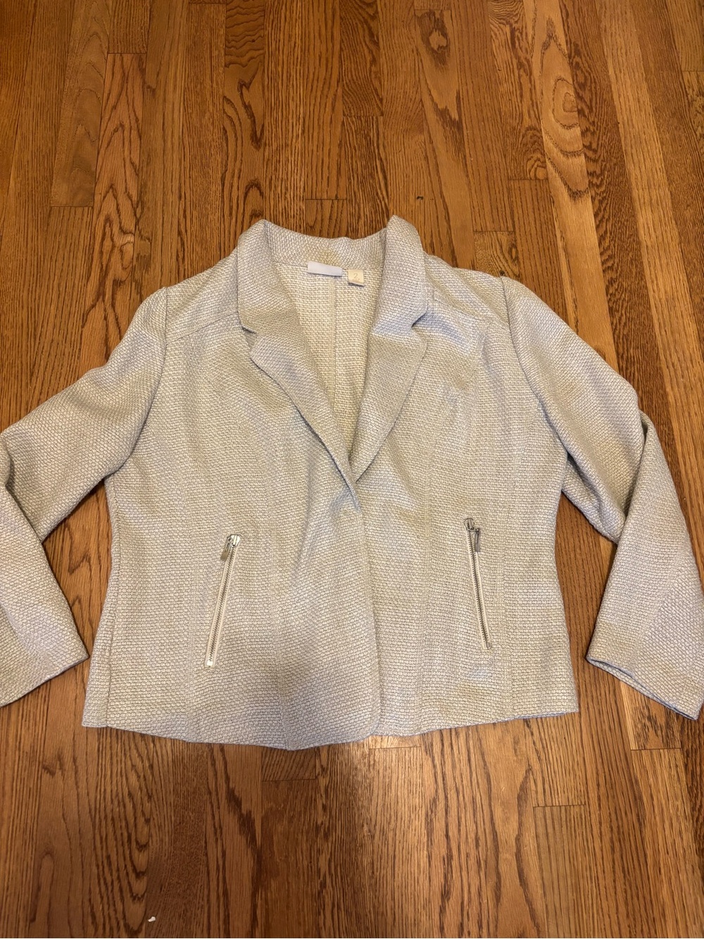 Chico's Women's Size 2 Beige Open Front Blazer Jacket Zipper Pockets Fall